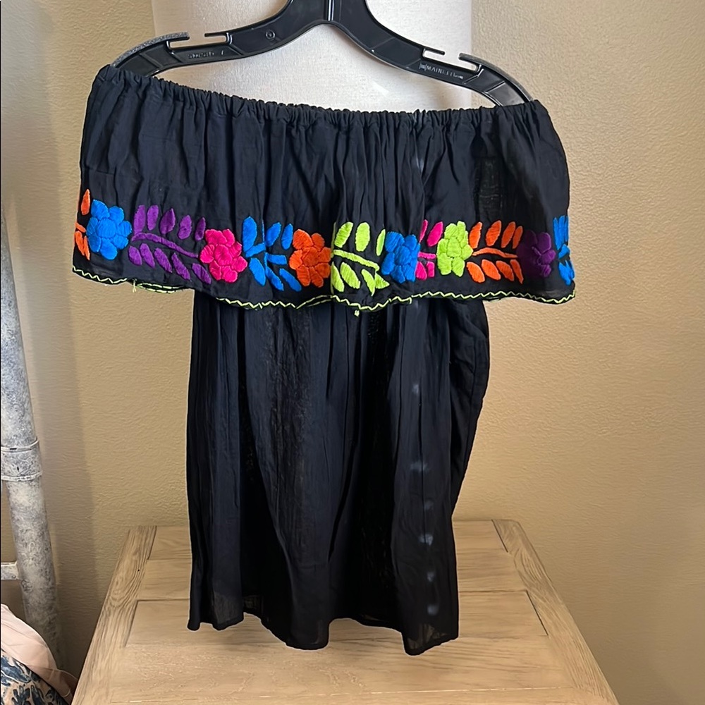 Off-Shoulder Black Dress with Colorful Floral Embroidery